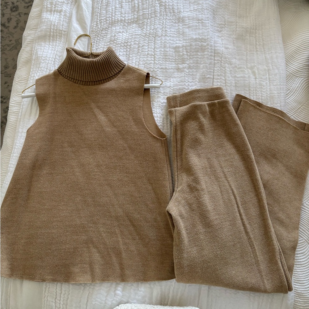 Zara light camel soft turtleneck top and pants set